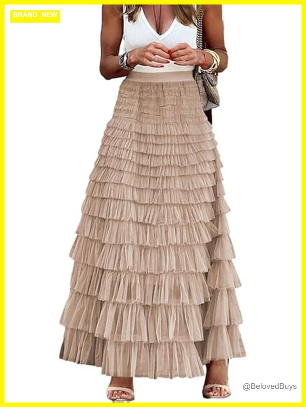 Tiered Tulle Maxi Skirt - Sheer Mesh A-Line Flared Elastic Waist Long Skirt for